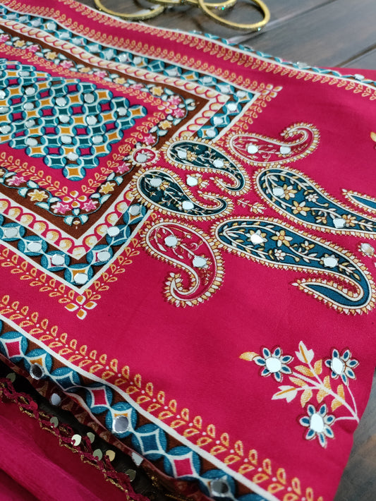 Saisha Rani Pink with Multicolor Stripes Rayon Suit Set with Mirror Work