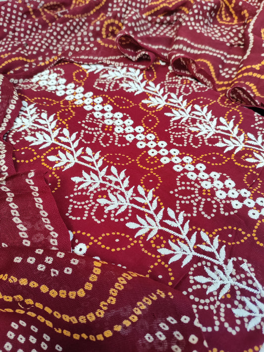 Kusumika Red Maroon Chikankari with Bandhani Print Suit Set and Bandhani Print Dupatta