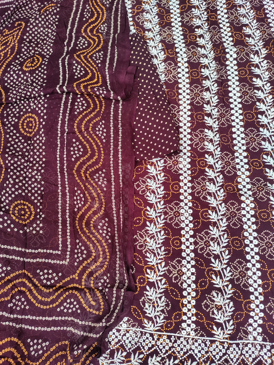 Kusumika Deep Maroon Chikankari with Bandhani Print Suit Set and Bandhani Print Dupatta