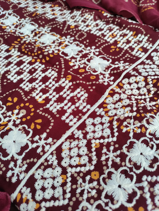 Tarini Red Maroon Chikankari with Bandhani Print Suit Set and Bandhani Print Dupatta