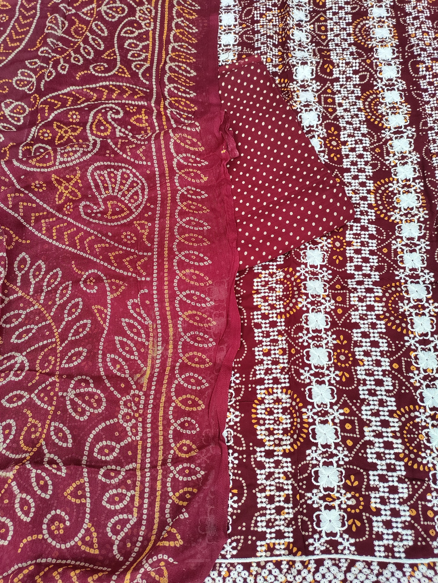 Tarini Red Maroon Chikankari with Bandhani Print Suit Set and Bandhani Print Dupatta