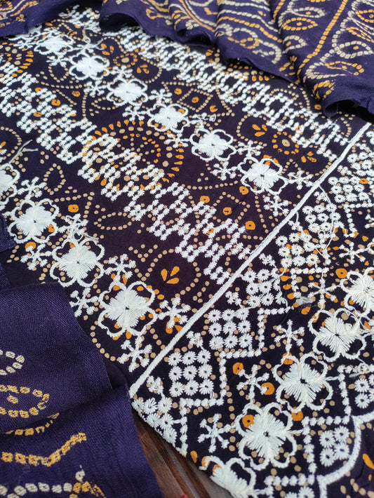Tarini Ink Blue Chikankari with Bandhani Print Suit Set and Bandhani Print Dupatta