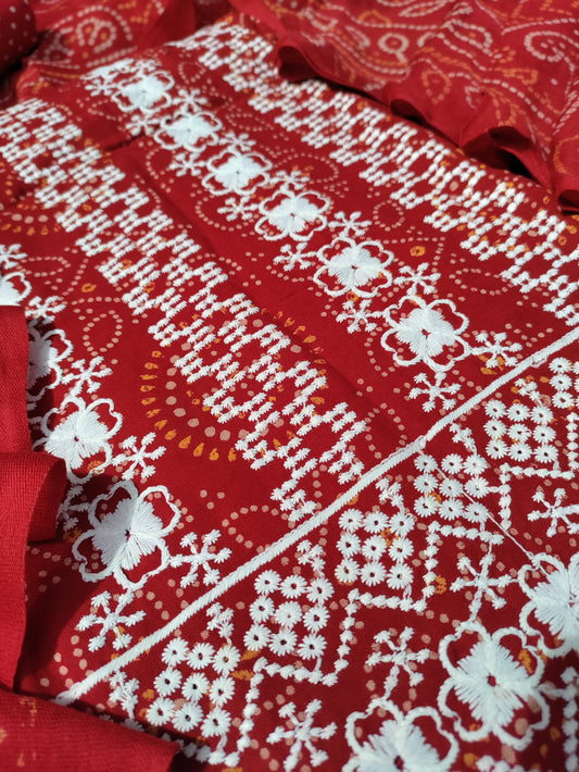 Tarini Kesari Chikankari with Bandhani Print Suit Set and Bandhani Print Dupatta