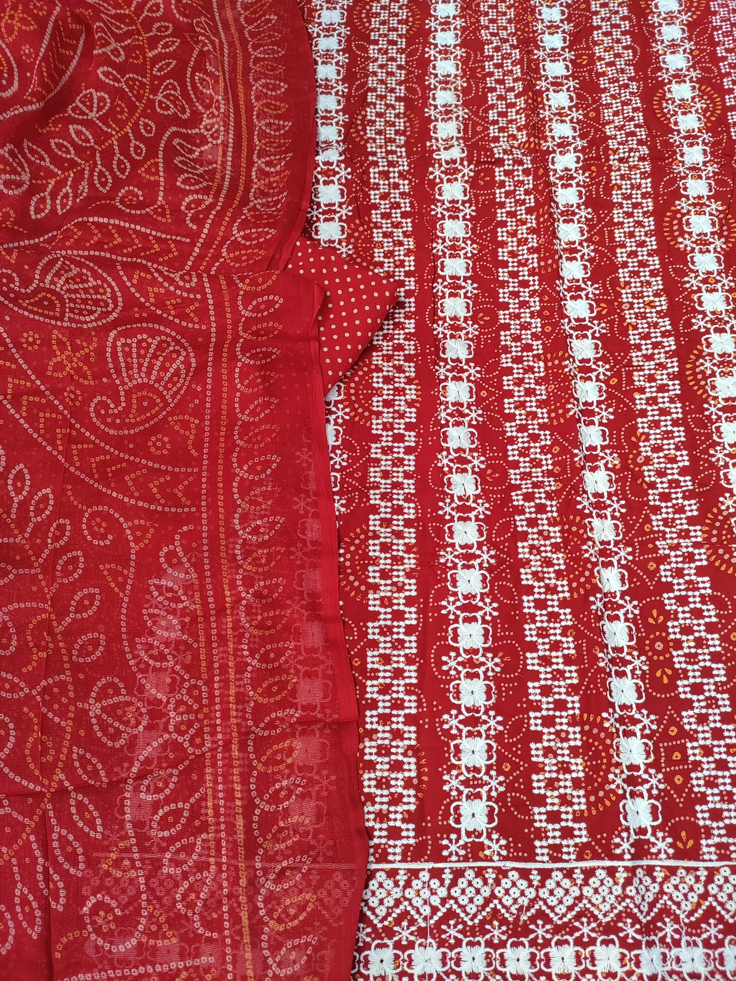 Tarini Kesari Chikankari with Bandhani Print Suit Set and Bandhani Print Dupatta