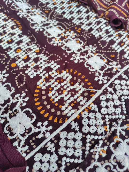 Tarini Deep Maroon Chikankari with Bandhani Print Suit Set and Bandhani Print Dupatta