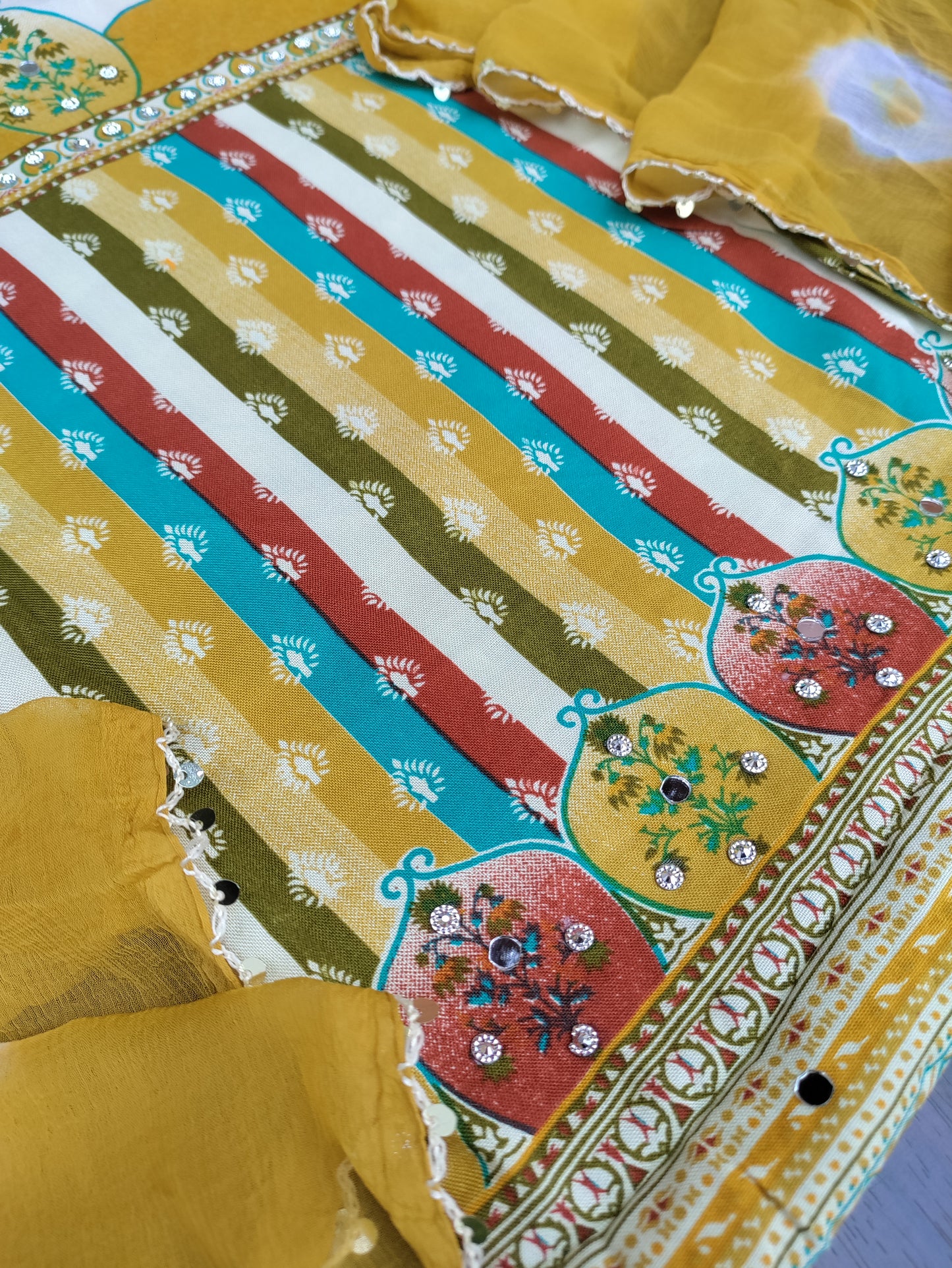 Rangini Mustard Yellow with Multicolor Stripes Rayon Suit Set with Mirror Work