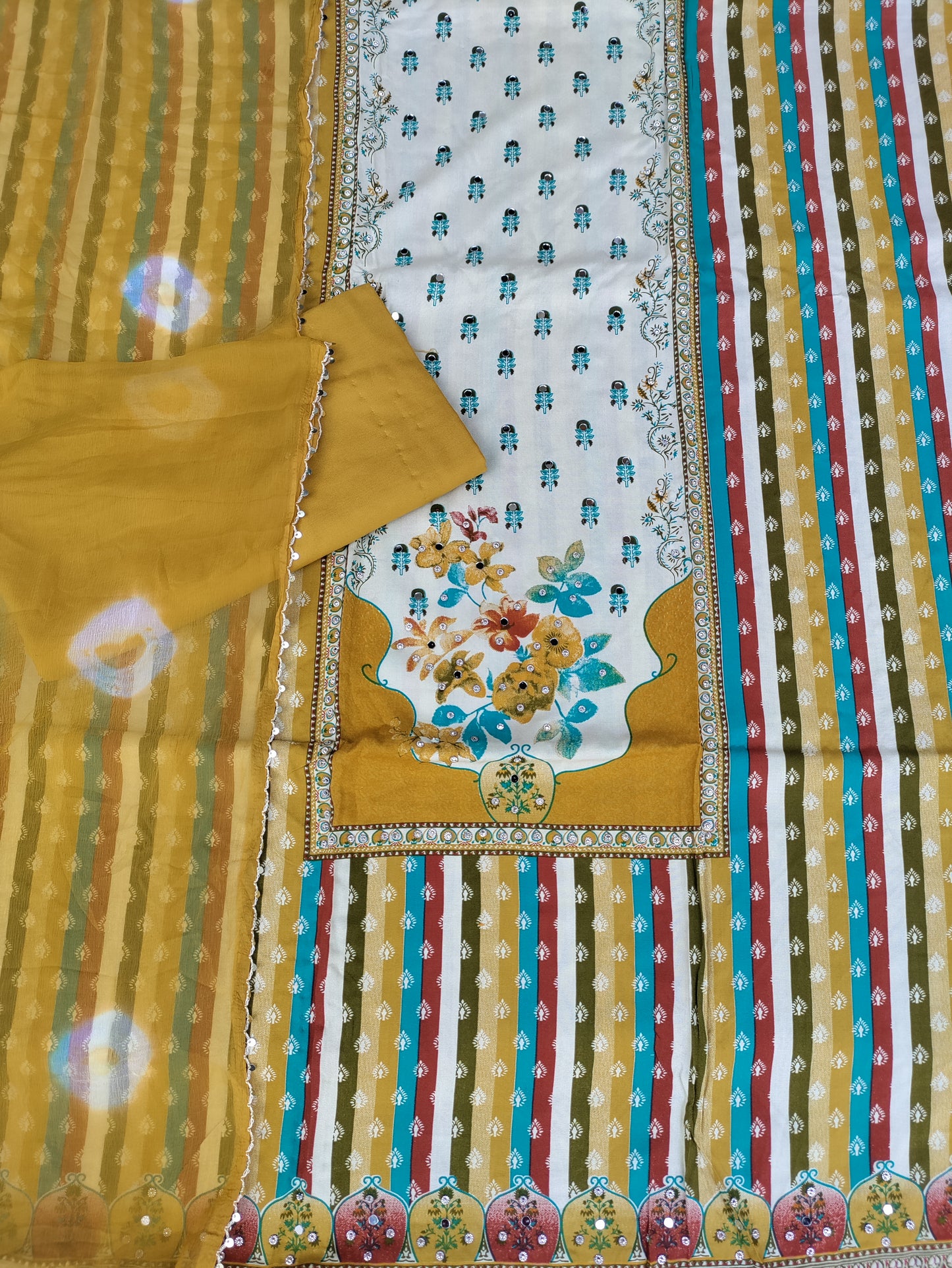 Rangini Mustard Yellow with Multicolor Stripes Rayon Suit Set with Mirror Work