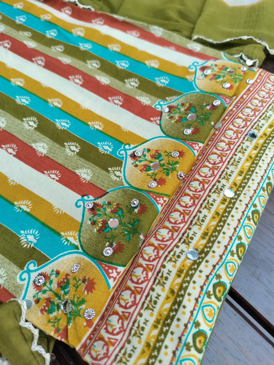 Rangini Olive Green with Multicolor Stripes Rayon Suit Set with Mirror Work