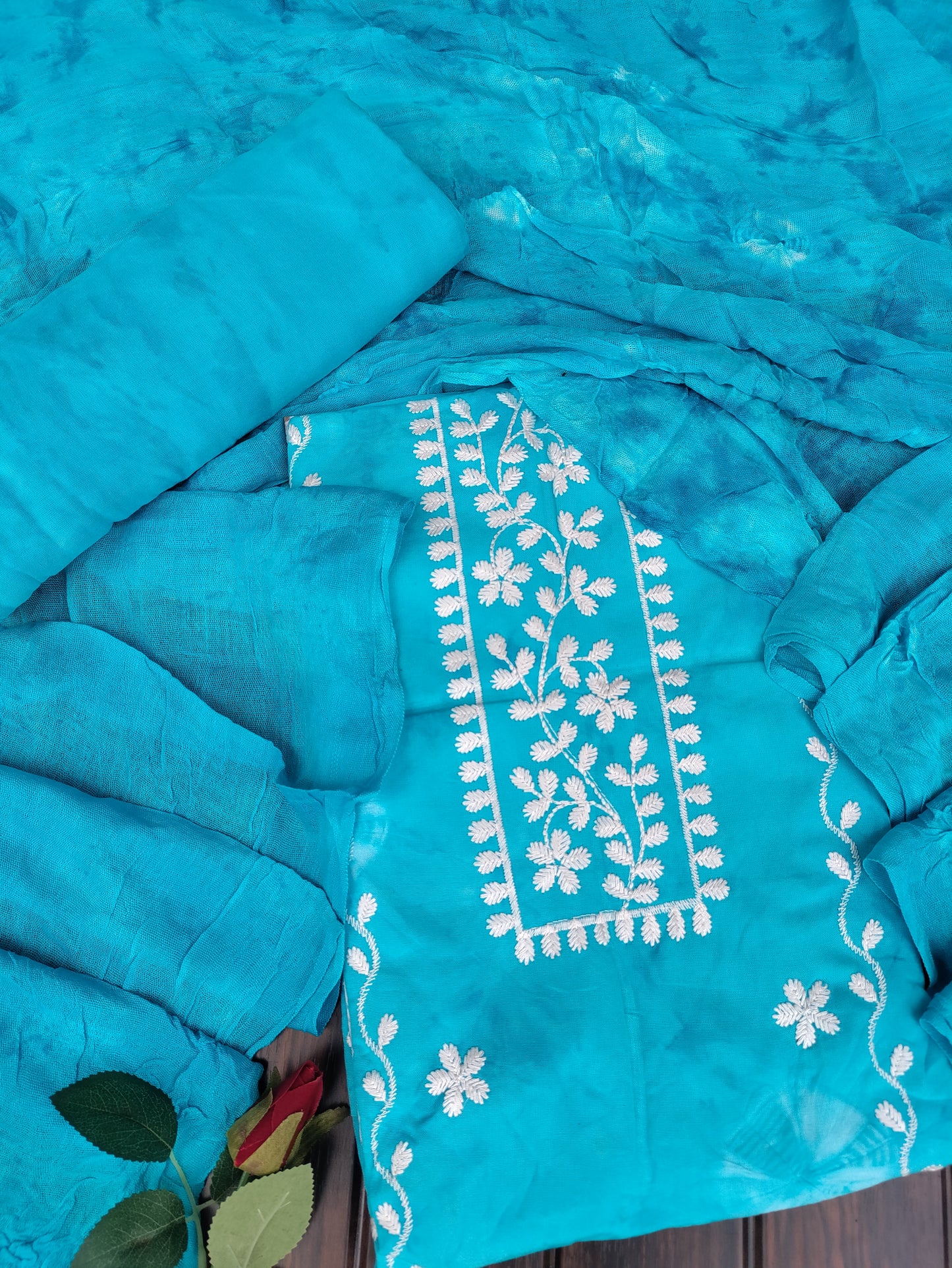 Anvika Aqua Blue Bhandani and Chikankari Suit Set with Bandhani Dupatta