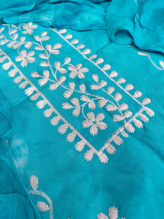 Anvika Aqua Blue Bhandani and Chikankari Suit Set with Bandhani Dupatta