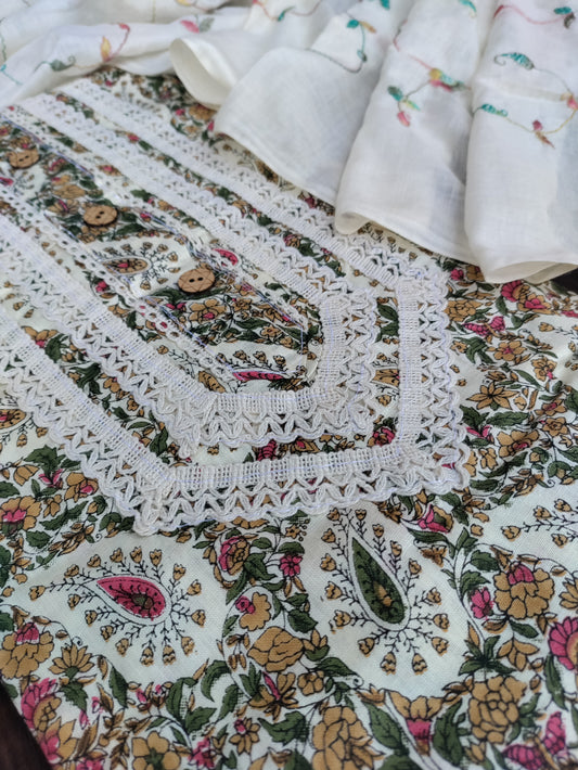 Aarvi printed cotton and Beige Thread Work Patch Suit Set with Thread Work Dupatta