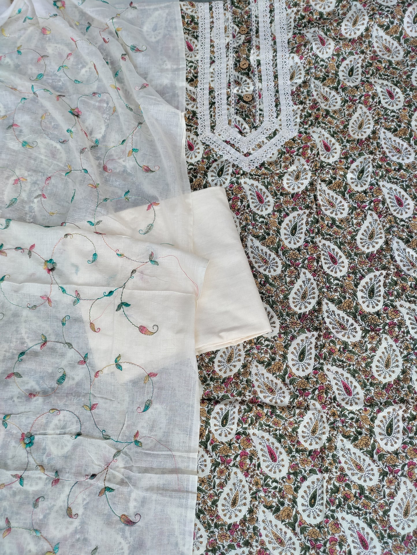 Aarvi printed cotton and Beige Thread Work Patch Suit Set with Thread Work Dupatta