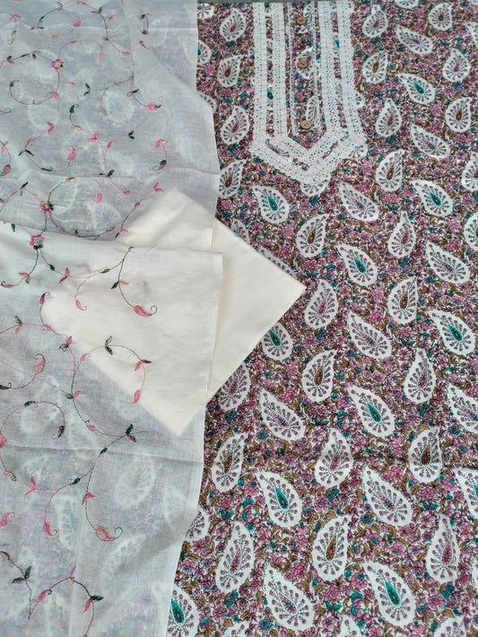Meira printed cotton and Beige Thread Work Patch Suit Set with Thread Work Dupatta