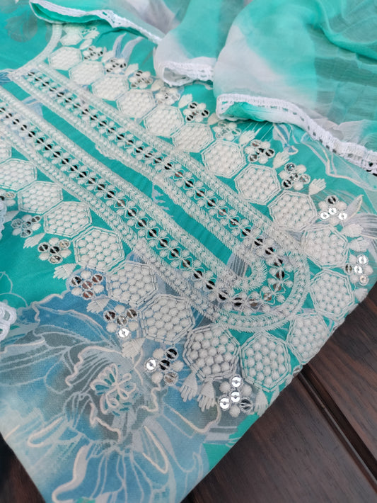 Floral Aqua Green Printed Cotton Suit Set with Chikankari Work on Neck