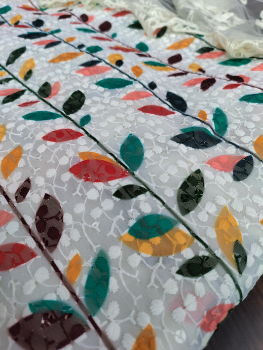 Aarvi Beige Georgette Unstitched Suit Set with Chikankari Work