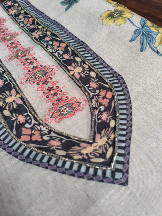 Meera Beige Chanderi Unstitched Suit Set with Chanderi Duppata