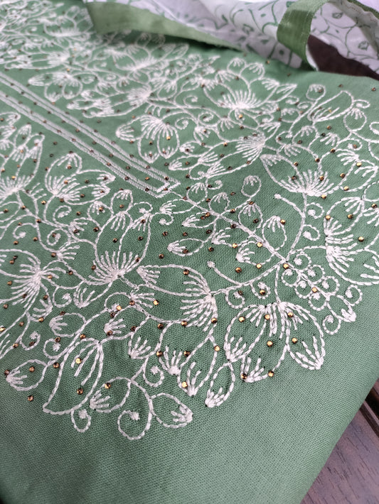 Aarika Olive Green and Embroidery Stone Work on Neck with Thread Work Dupatta