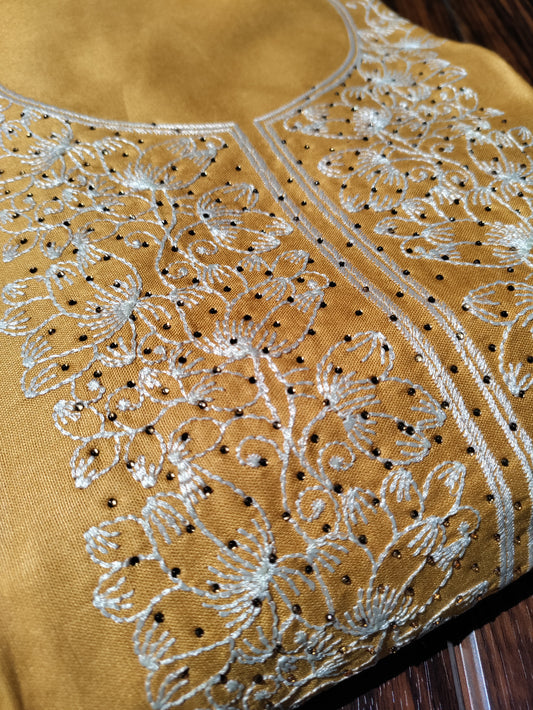 Aarika Yellow and Embroidery Stone Work on Neck with Thread Work Dupatta