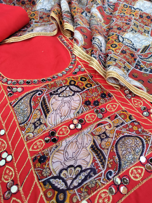 Rajwadi Red and Heavy Mirror work on Neck Suit Set with Rajwadi Printed Cotton Dupatta