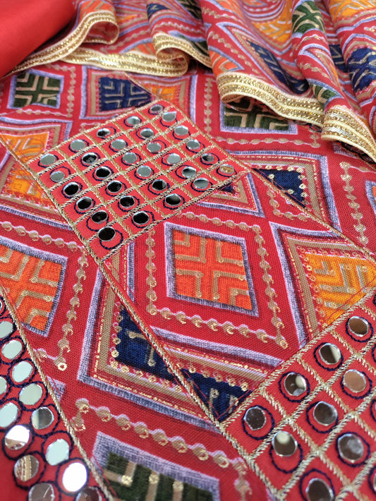 Rajwadi Red and Heavy Mirror work Patch Suit Set with Rajwadi Printed Cotton Dupatta