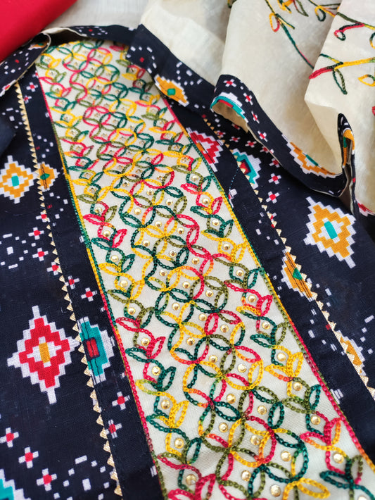 Navrang Black Ikkat Print with Thread Embroidery Patch Cotton Linen Suit Set