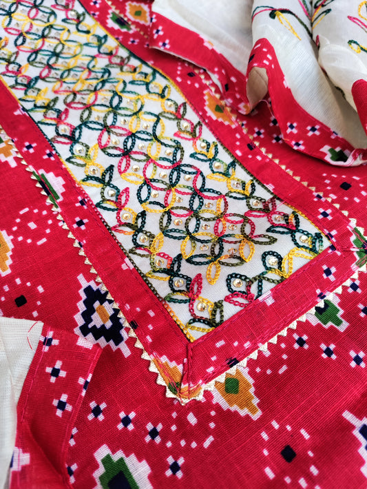 Navrang Red Ikkat Print with Thread Embroidery Patch Cotton Linen Suit Set