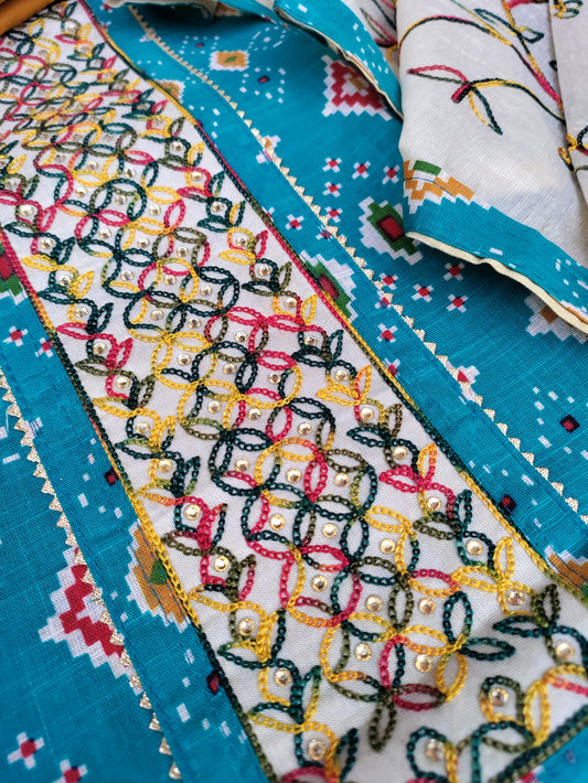 Navrang Blue Ikkat Print with Thread Embroidery Patch Cotton Linen Suit Set