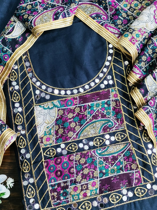 Rajwadi Navy-Blue and Heavy Mirror work on Neck Suit Set with Rajwadi Printed Cotton Dupatta