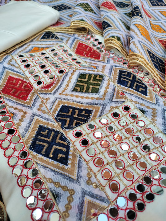 Rajwadi Beige and Heavy Mirror work on Neck Suit Set with Rajwadi Printed Cotton Dupatta