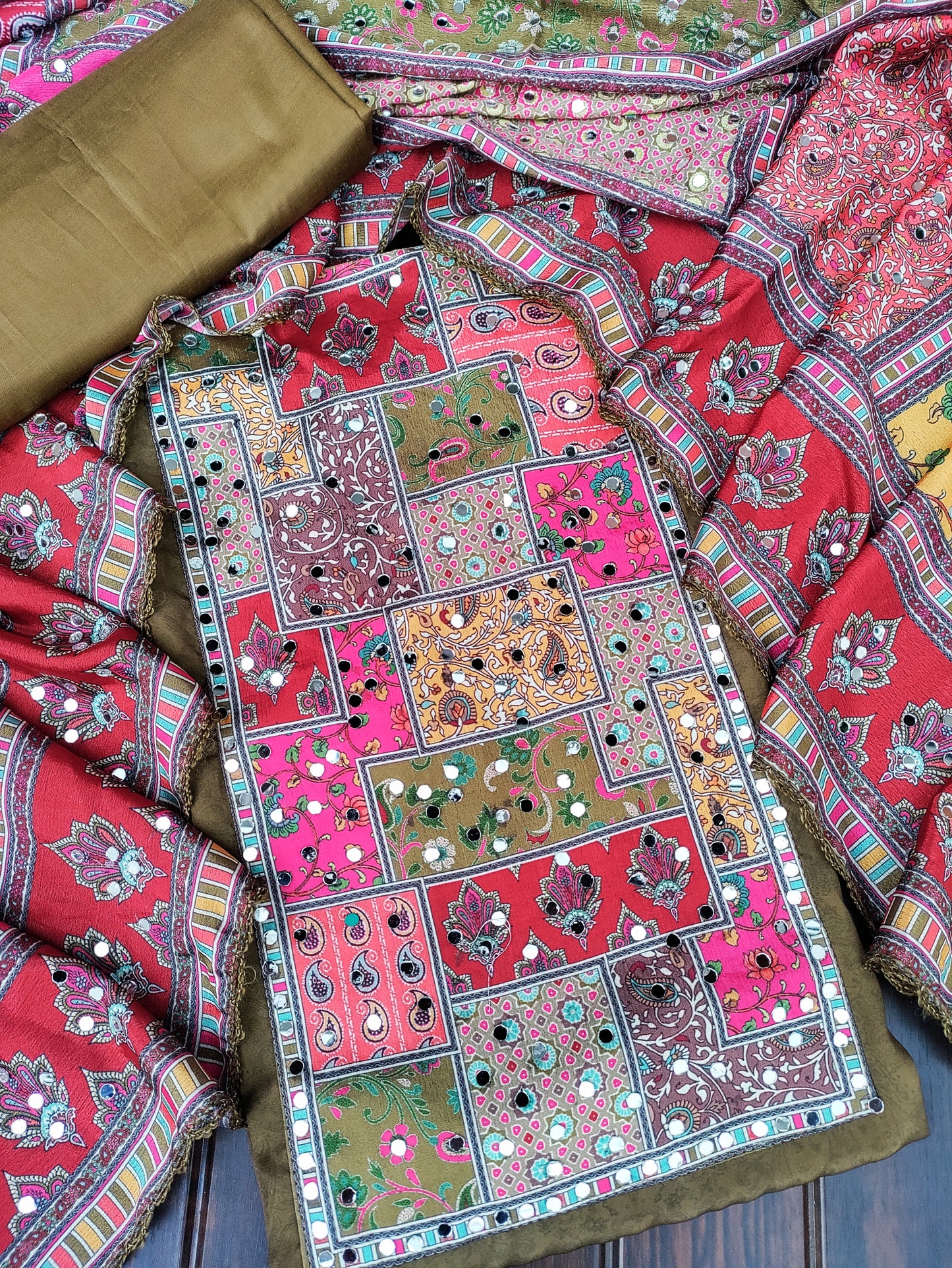 Rajwadi Olive Green and Real Mirror Patch Suit Set with Printed Mirror work Dupatta