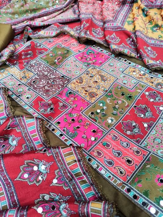 Rajwadi Olive Green and Real Mirror Patch Suit Set with Printed Mirror work Dupatta