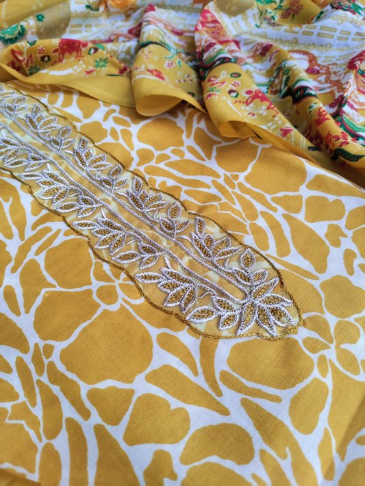 Kanika Turmeric Yellow Printed Cotton and Zari work patch Suit Set with Printed Dupatta