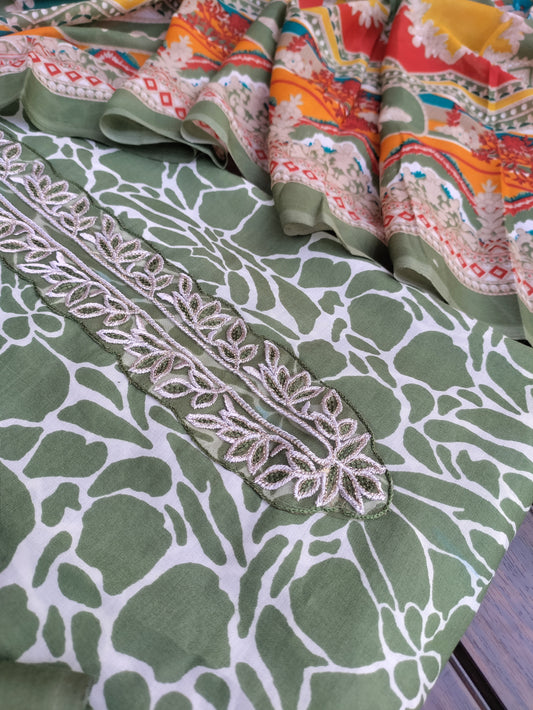 Kanika Olive Green Printed Cotton and Zari work patch Suit Set with Printed Dupatta
