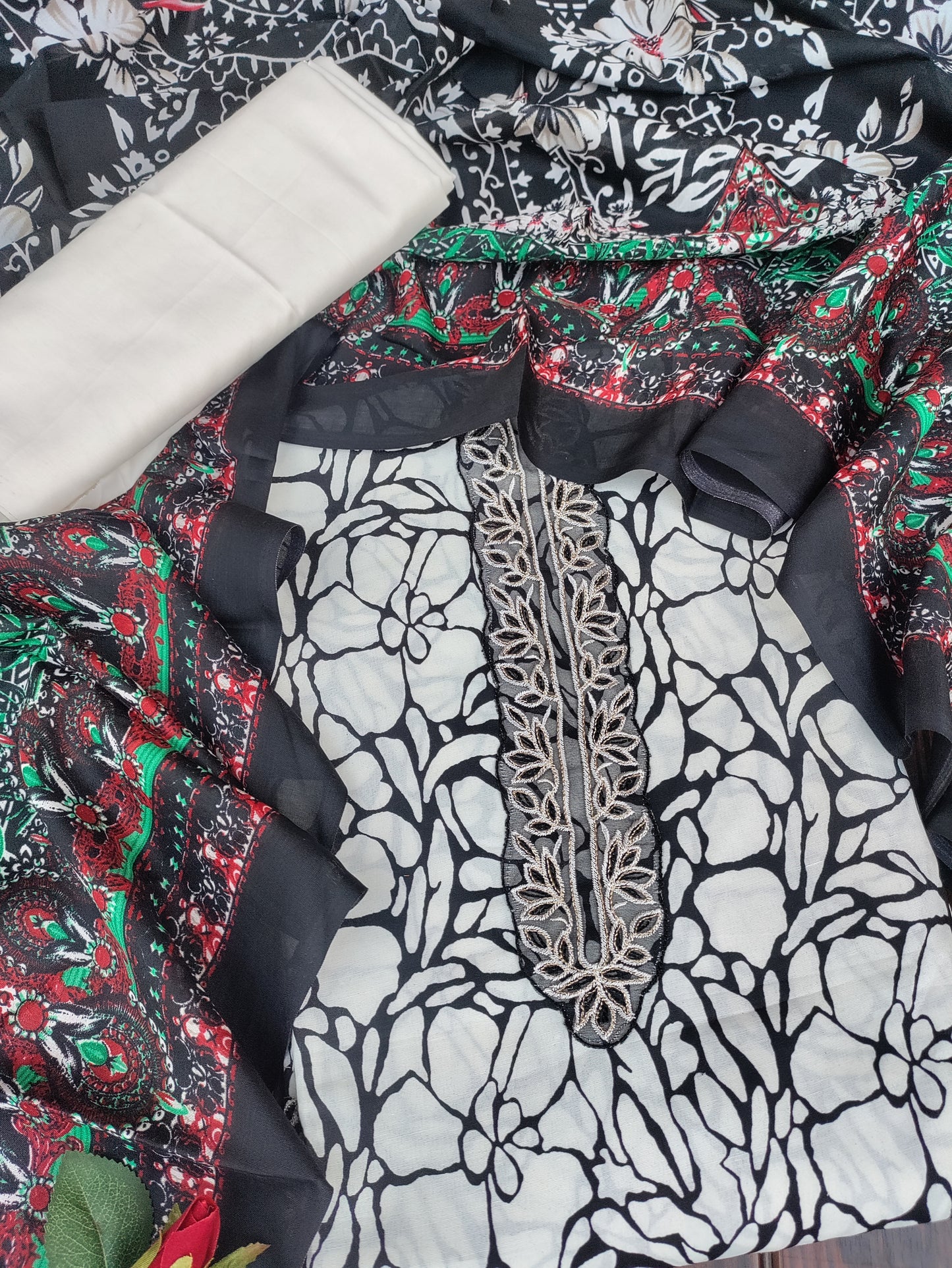 Kanika White Printed Cotton and Zari work patch Suit Set with Printed Dupatta