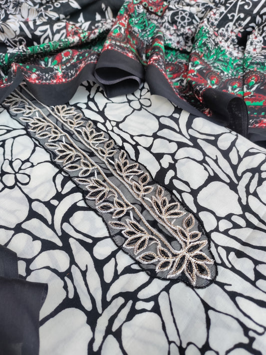 Kanika White Printed Cotton and Zari work patch Suit Set with Printed Dupatta