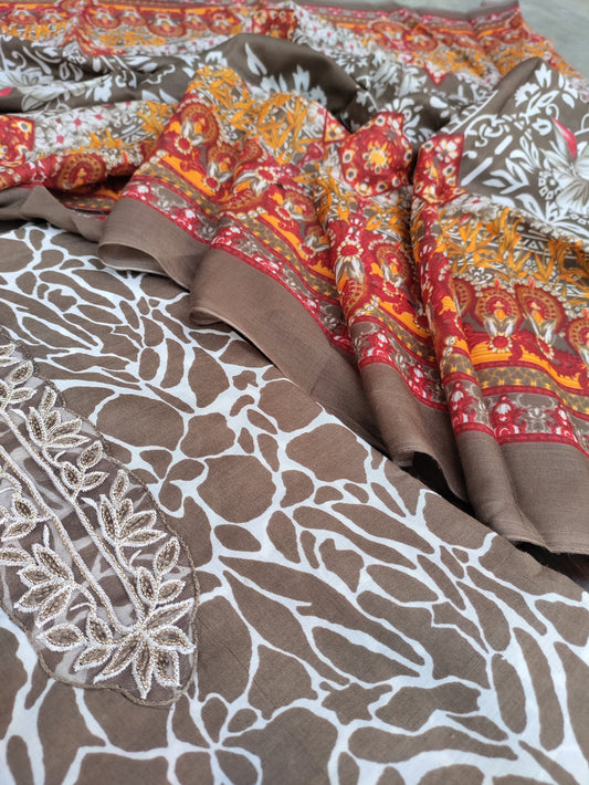 Kanika Brown Printed Cotton and Zari work patch Suit Set with Printed Dupatta