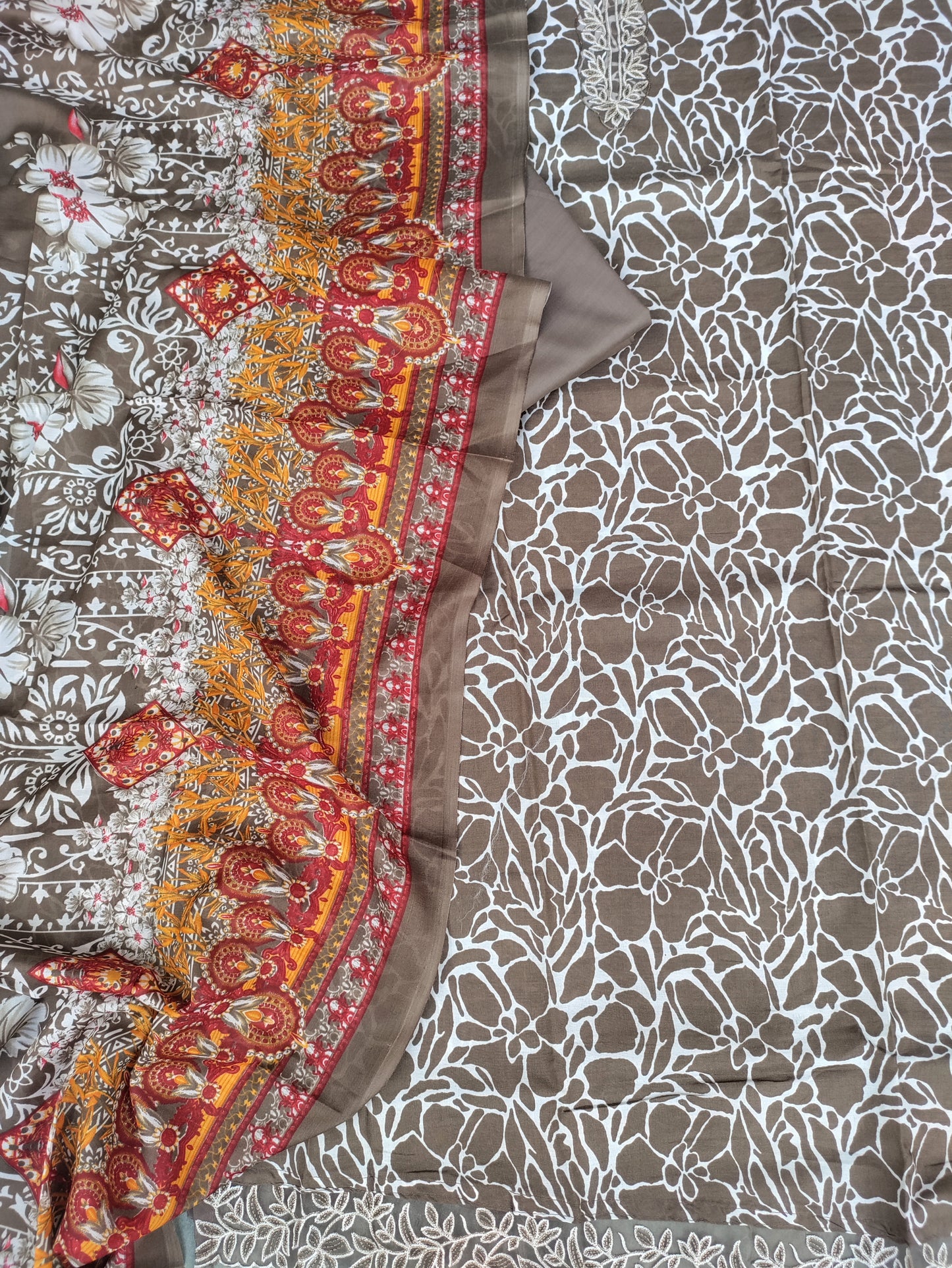 Kanika Brown Printed Cotton and Zari work patch Suit Set with Printed Dupatta
