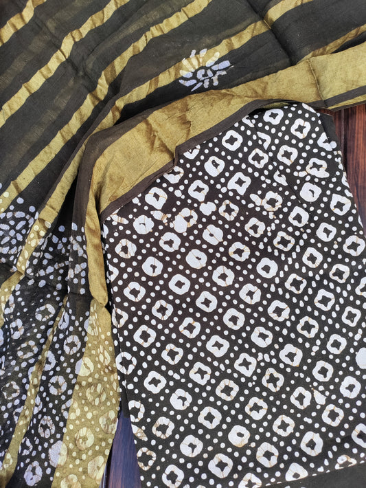 Batik Print Dark Olive Green Cotton Unstitched Suit Set