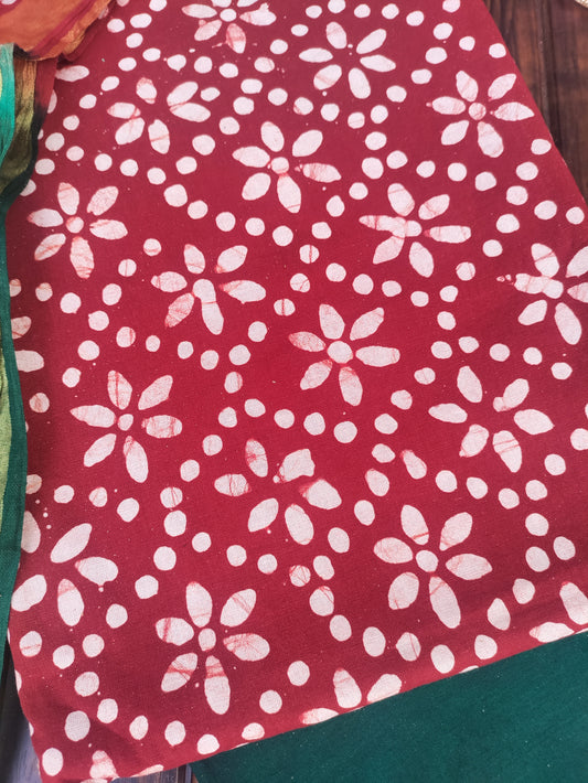 Batik Print Red Maroon Cotton Unstitched Suit Set