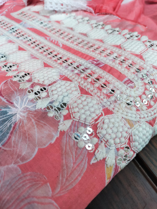 Floral Kesari Printed Cotton Suit Set with Chikankari Work on Neck