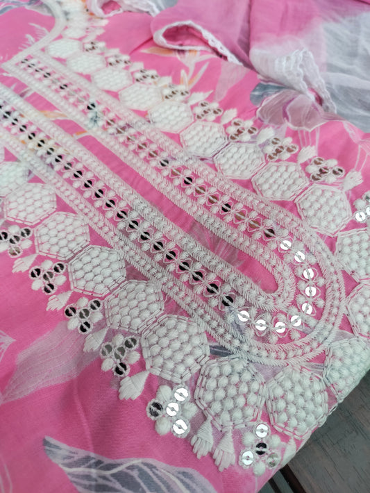 Floral Rose Pink Printed Cotton Suit Set with Chikankari Work on Neck