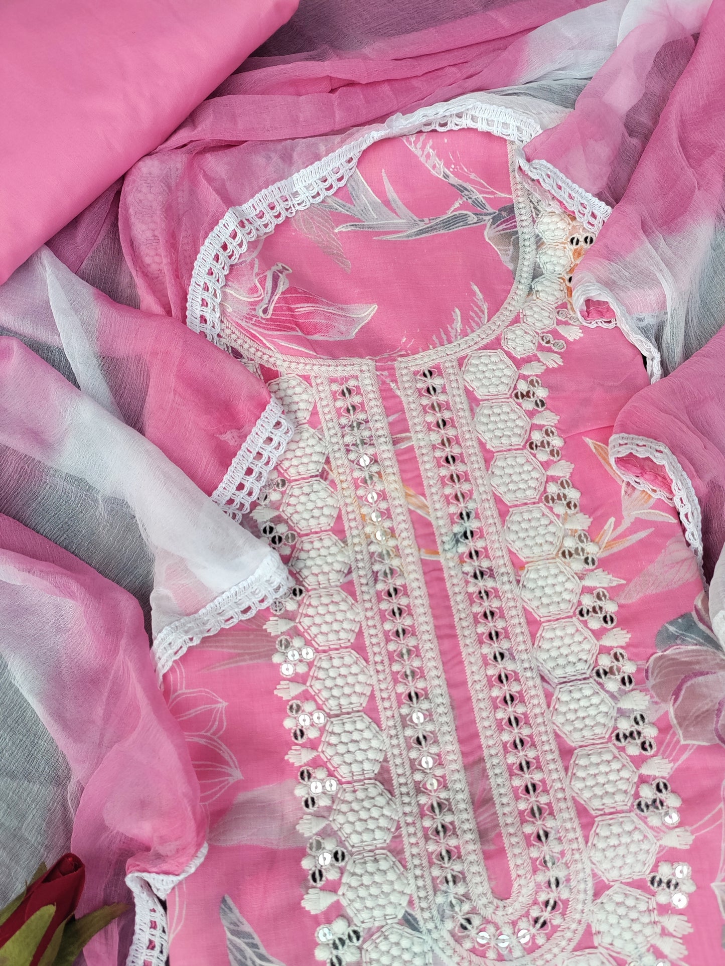 Floral Rose Pink Printed Cotton Suit Set with Chikankari Work on Neck