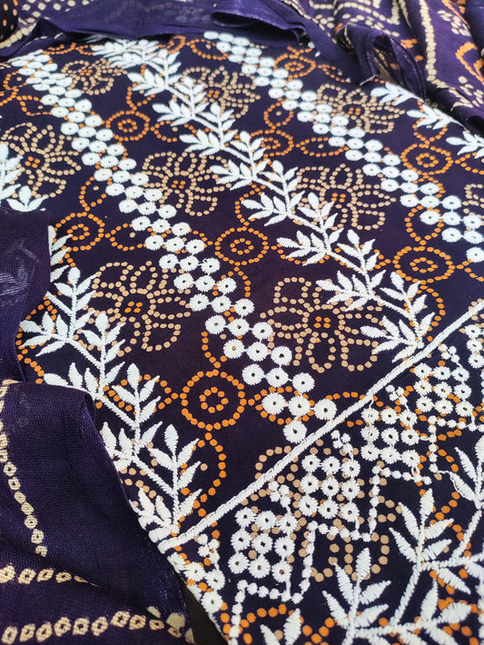 Kusumika Ink Blue Chikankari with Bandhani Print Suit Set and Bandhani Print Dupatta
