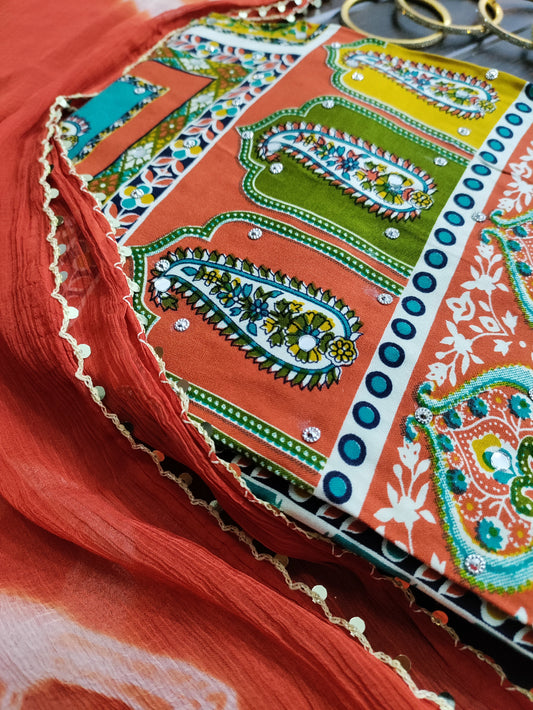 Varnika Kesari - Colorful Printed Rayon Suit Set with Stone Work