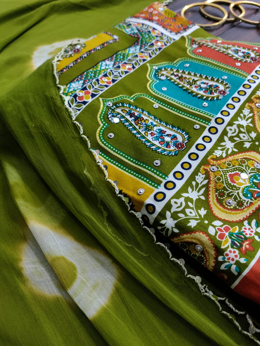 Varnika Olive Green - Colorful Printed Rayon Suit Set with Stone Work