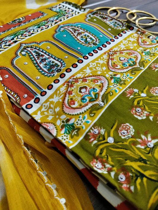Varnika Yellow - Colorful Printed Rayon Suit Set with Stone Work