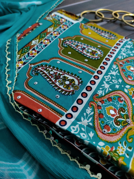 Varnika Aqua Blue - Colorful Printed Rayon Suit Set with Stone Work