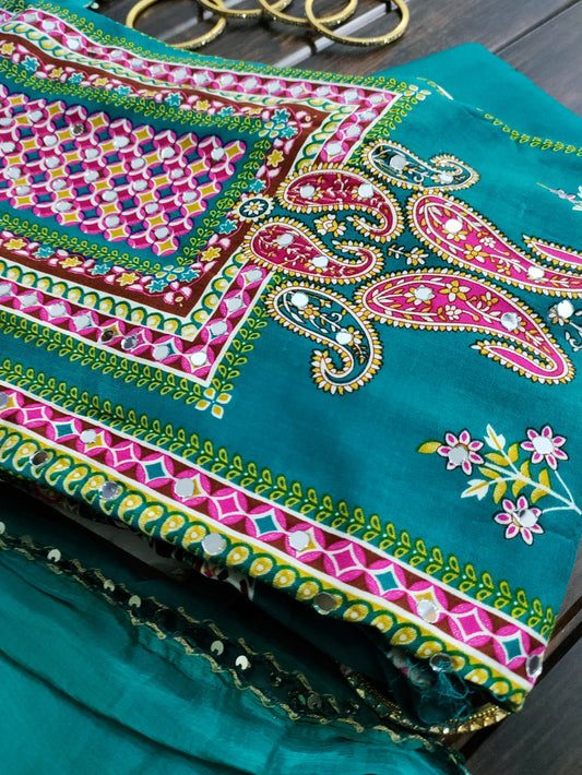 Saisha Teal Green with Multicolor Stripes Rayon Suit Set with Mirror Work