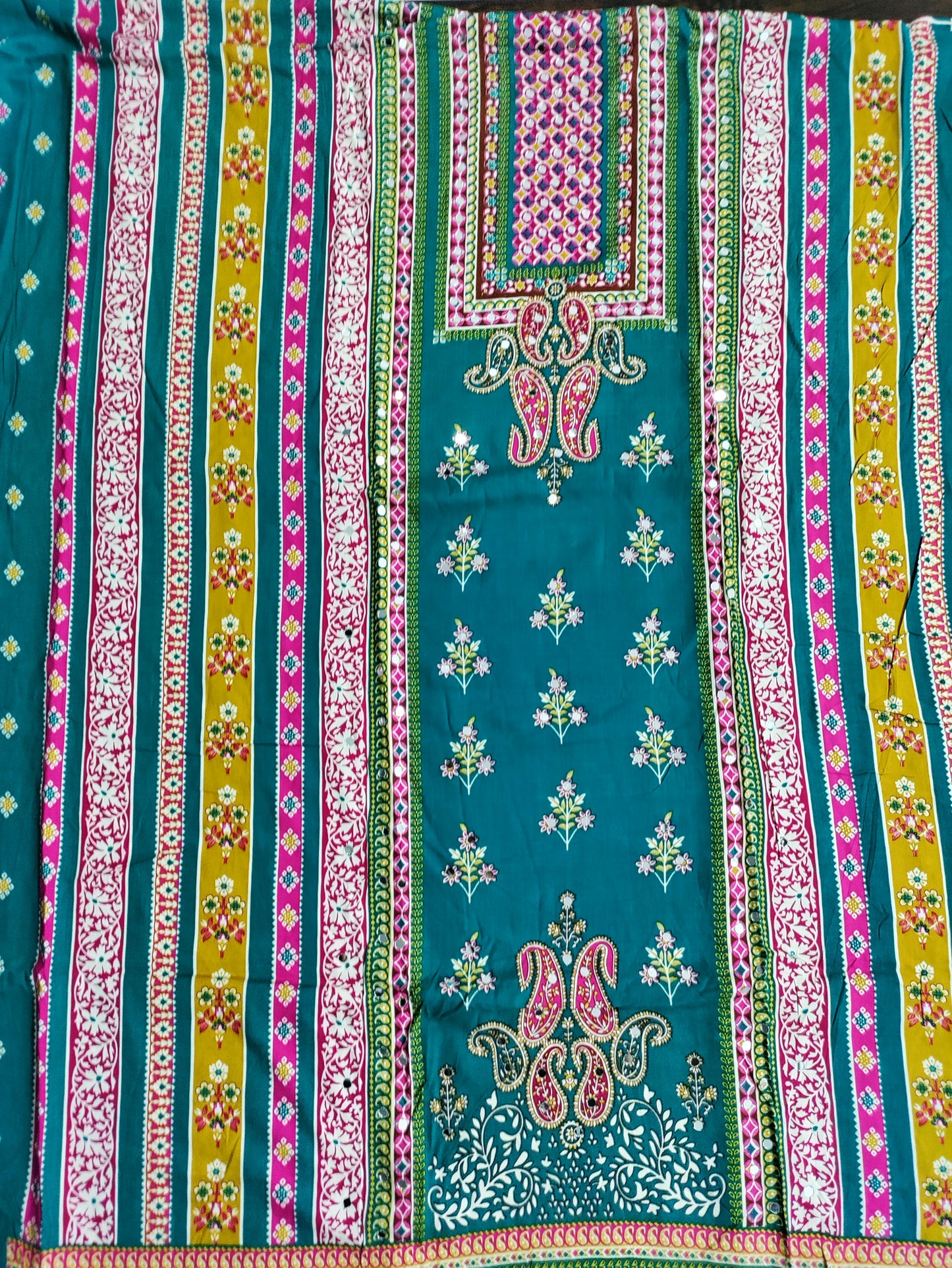 Saisha Teal Green with Multicolor Stripes Rayon Suit Set with Mirror Work