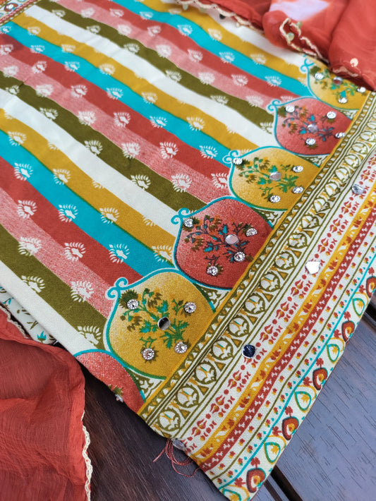 Rangini Rust Red with Multicolor Stripes Rayon Suit Set with Mirror Work